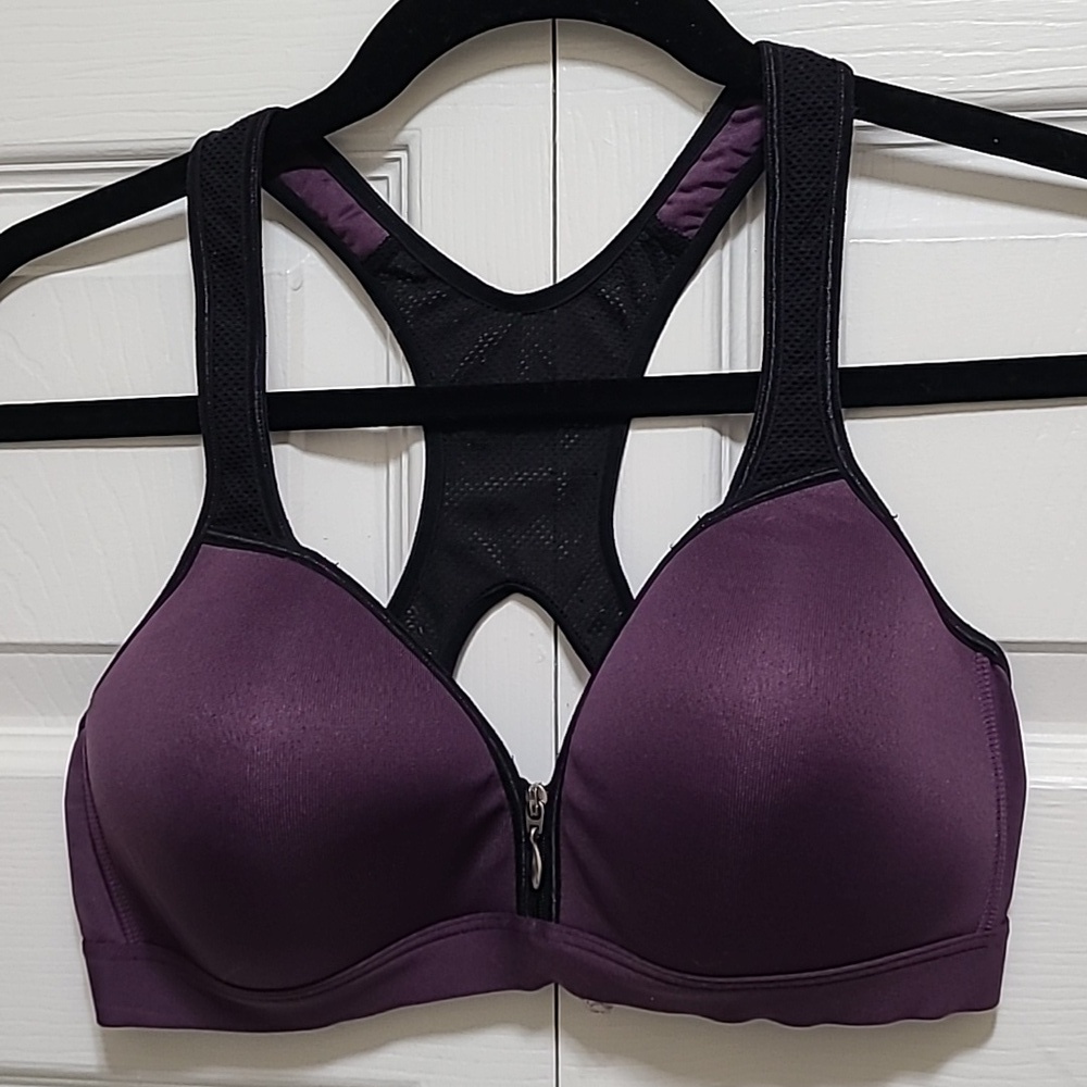 Lily of‎ France Purple black Sports Bra padded front zip 36B